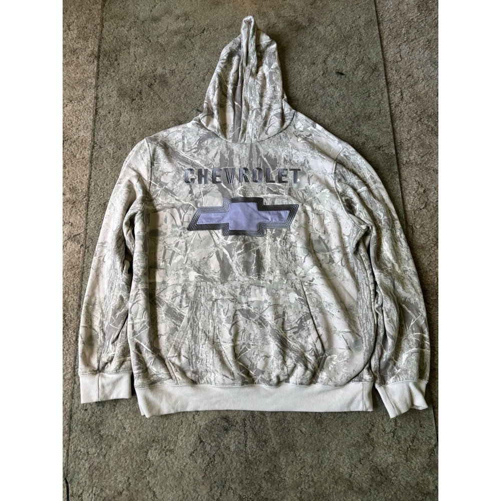 Chevrolet Hoodie Mens Large Gray White Camo Tree Bark Print Pullover Sweatshirt